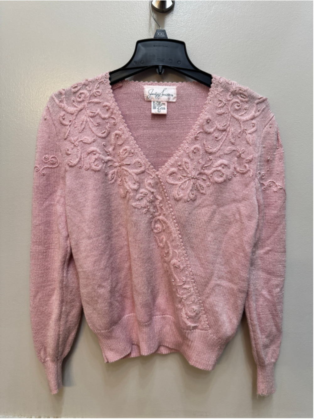 Jaclyn Smith Pink Embroidered Pearl Beaded Knit Cardigan Sweater Large Coquette